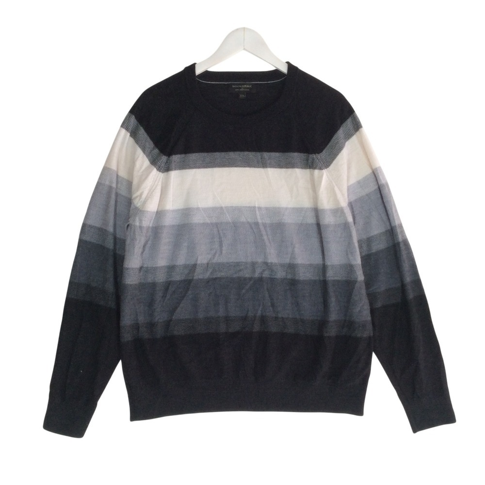 Banana Republic Mens XXL Merino Wool Striped Crewneck Sweater Black Grey Cream